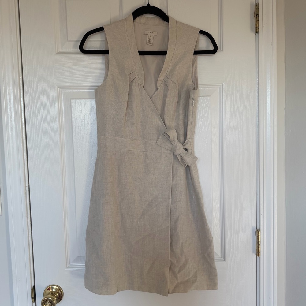 J. Crew Patrice Faux Wrap Dress Beige Linen Size 2
